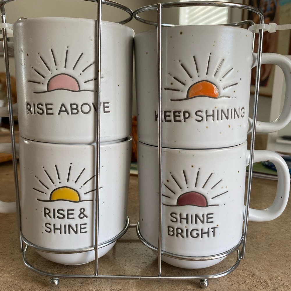 Set of 4 ceramic retro coffee mugs with rack for storage by Sheffield Home.